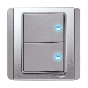 10A 2 Gang 2 Way horizontal Switch with Blue LED - Grey