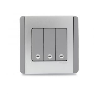 10A 3 Gang 1 Way verticle Switch with Blue LED - Grey