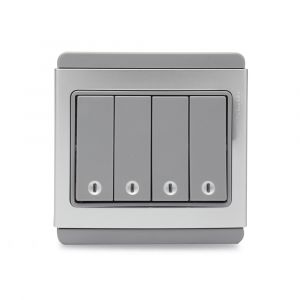 10A 4 Gang 1 Way horizontal Switch with Blue LED - Grey