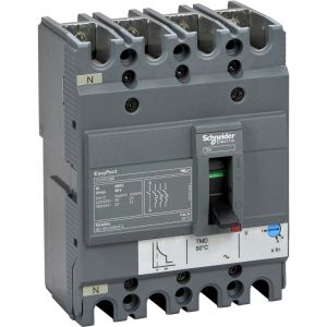 circuit breaker EasyPact CVS100BS, 25 kA at 415 VAC, 63 A rating thermal magnetic TM-D trip unit, 4P 3d